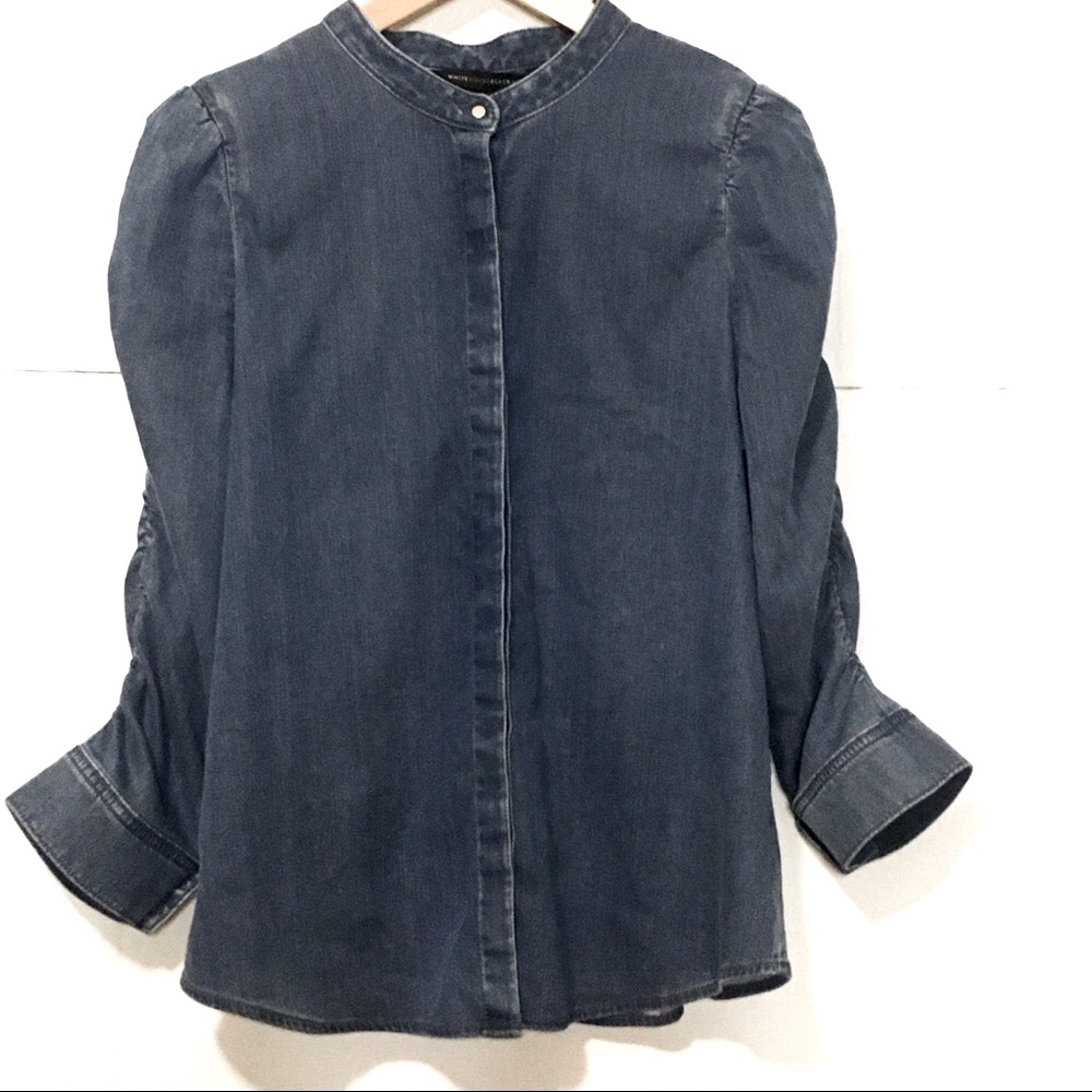 WHBM Denim Blouse With Classy Gathered Sleeve Detail Button Down